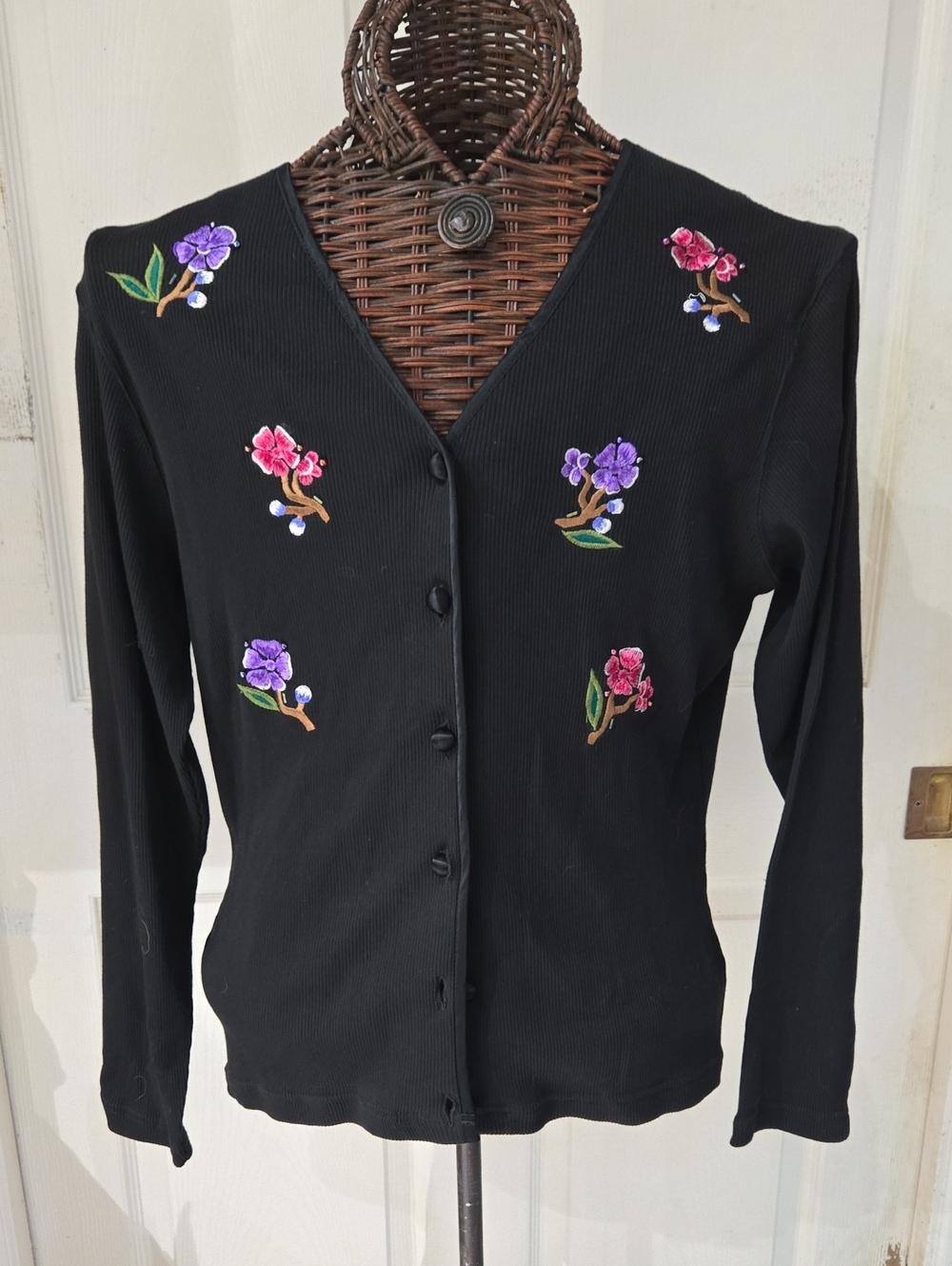 Carole Little Black Button-Front Cardigan with Pink & Purple Floral Embroidery